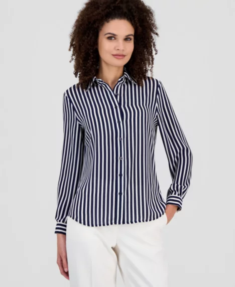 AK Anne Klein Petite Stripe Button-Front Slim-Fit Shirt  - Distant Mountain/White Dove
