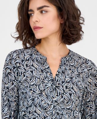 Women's Printed Split-Neck Long-Sleeve Top