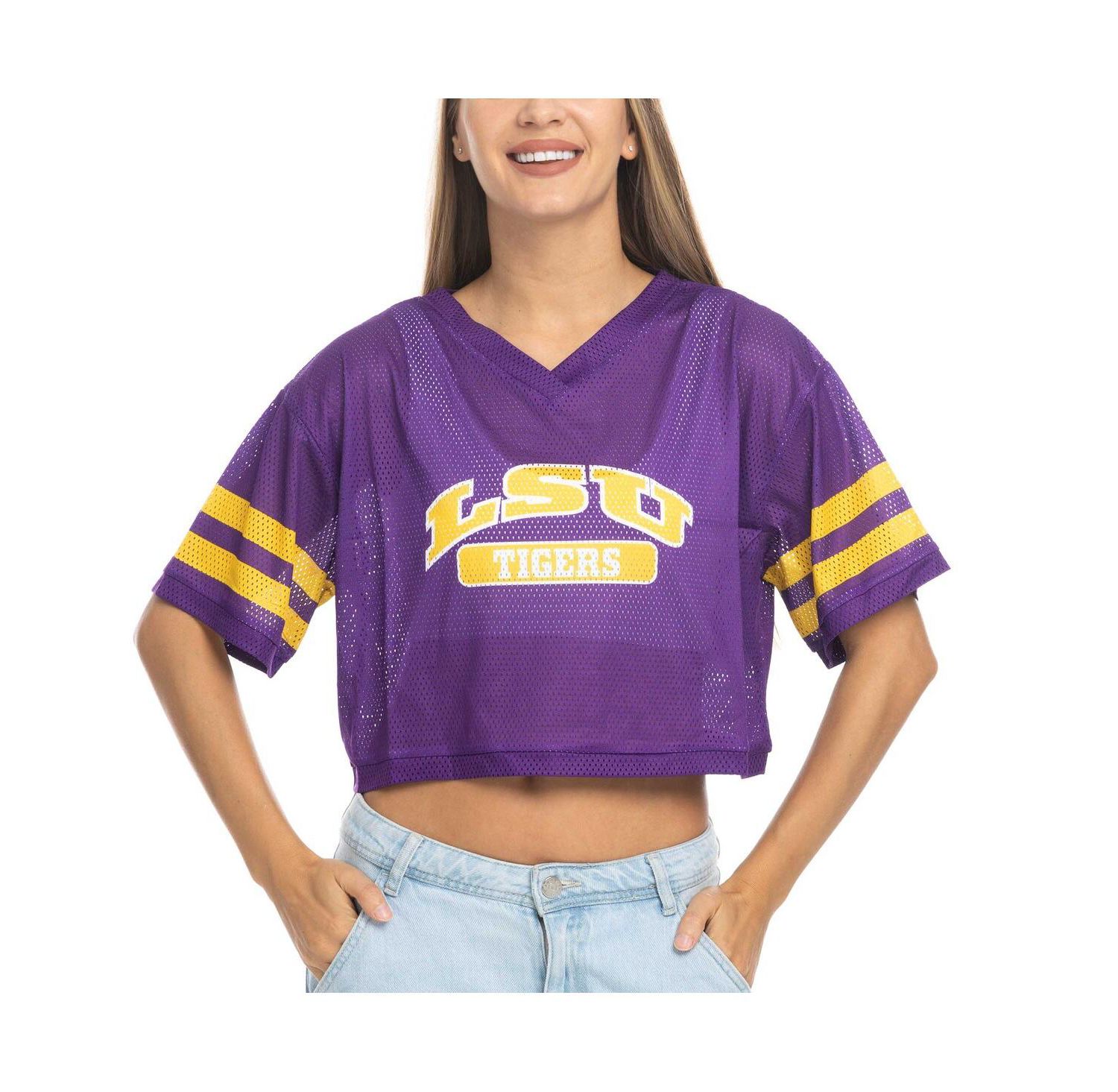 Women's Purple LSU Tigers Mesh Cropped V-Neck T-Shirt