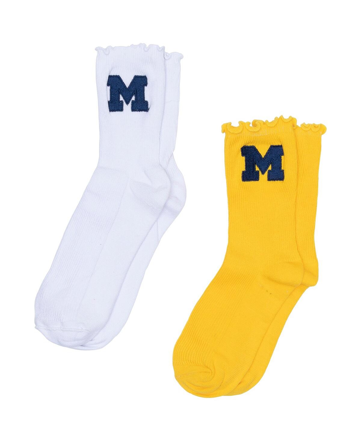 Zoozatz Women's 2-pack White/maize Michigan Wolverines Lettuce Hem Crew Socks In Multi