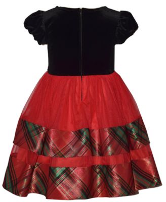 Girls 2T-6X Short Sleeve Velvet to Tiered Plaid Dress