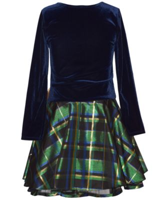 Girls 2T-6X Long Sleeve Velvet to Plaid Hipster Dress