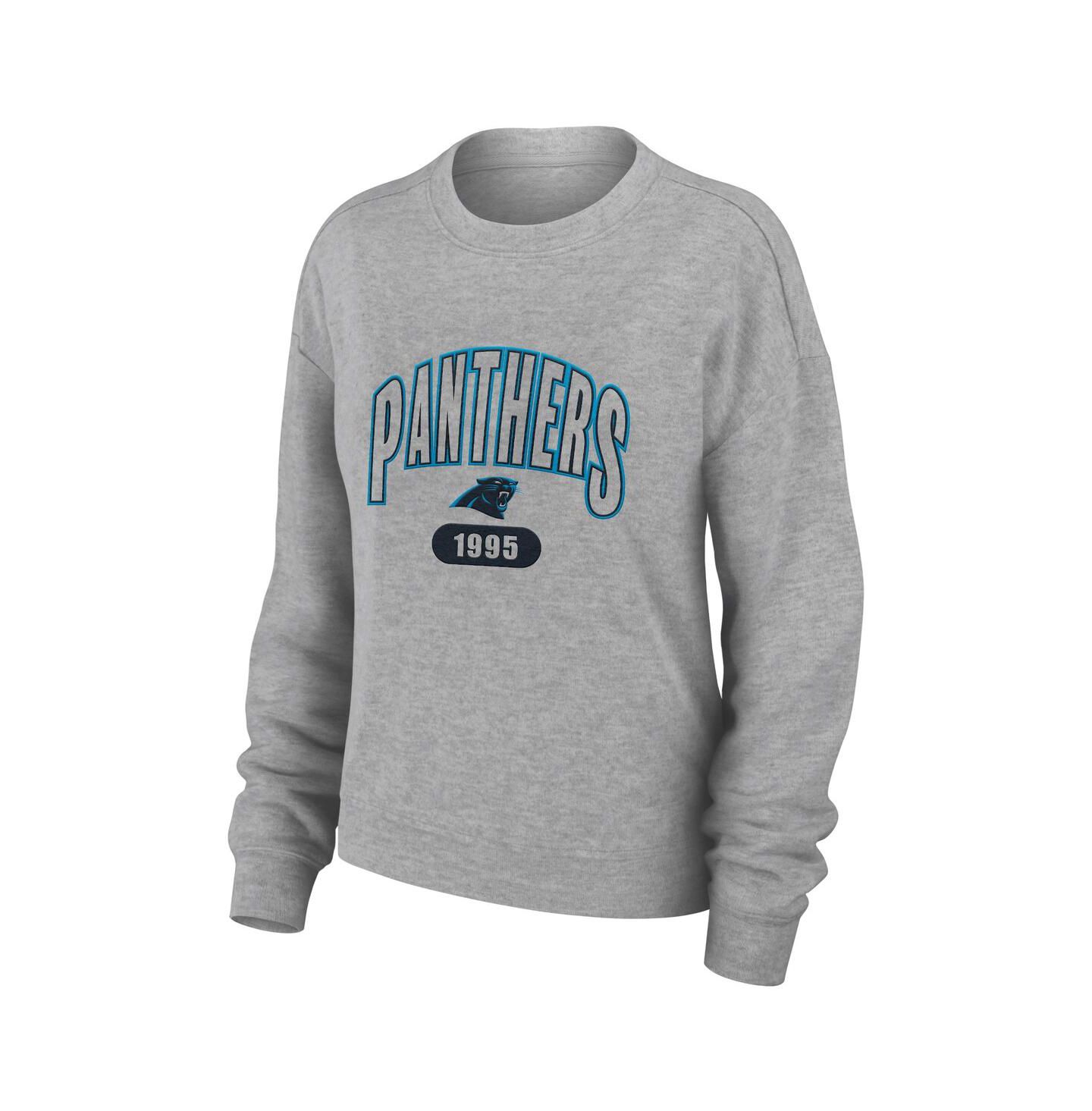Женские пижамы WEAR by Erin Andrews Women's 2-Piece Heather Gray Carolina Panthers Knit Long Sleeve Tri-Blend T-Shirt and Pants Sleep Set — фото 2