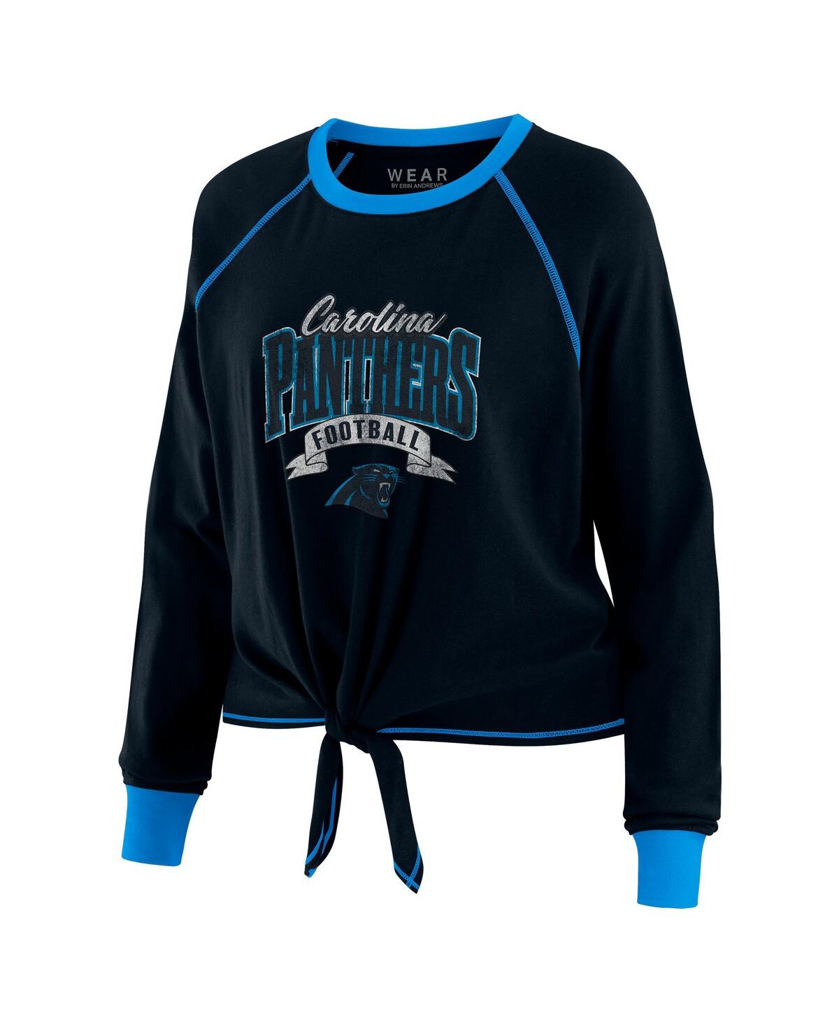 Wear By Erin Andrews Women's Black/blue Carolina Panthers Tie-front Long Sleeve Top In Black