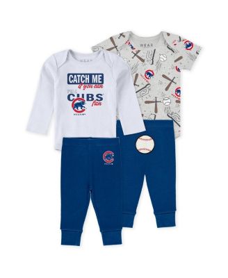 WEAR by Erin Andrews - Baby Boys and Girls 3-Piece Heather Gray/White/Royal Chicago Cubs Three-Piece Turn Me Around Bodysuits Pants Set