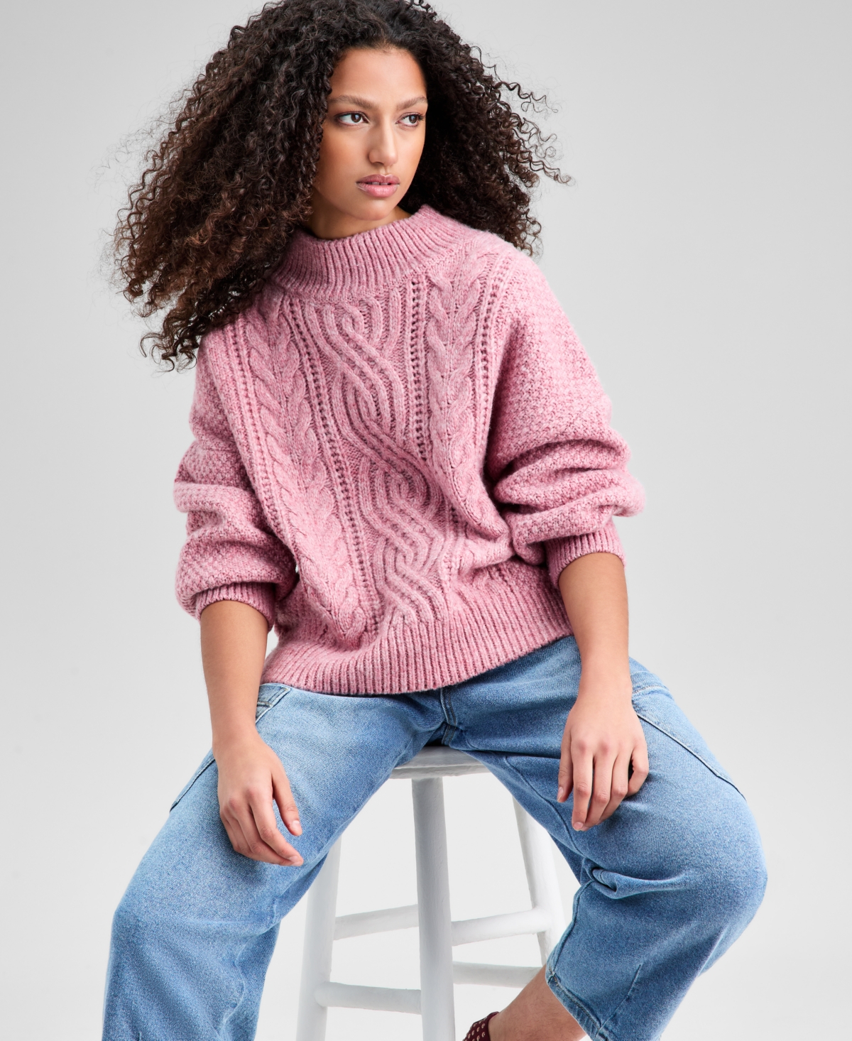 And Now This Petite Mock Neck Cable Sweater, Macy's Exclusive In Pink