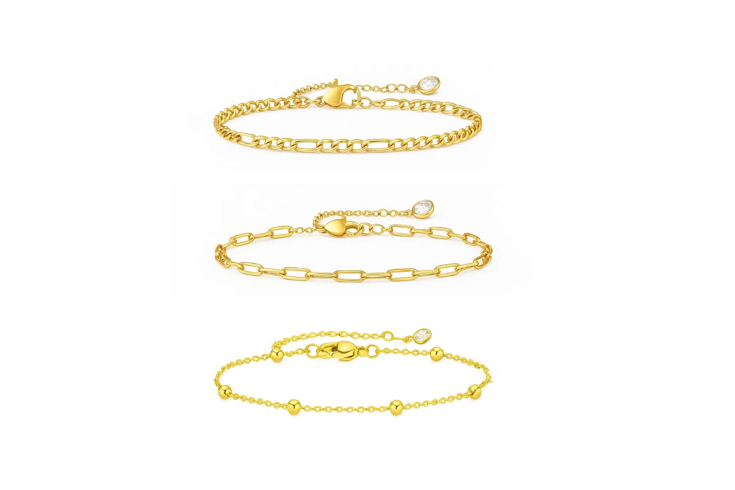 Adriana 3-Piece Stackable Bracelet Trio Set, Beaded, Figaro, Paperclip Link