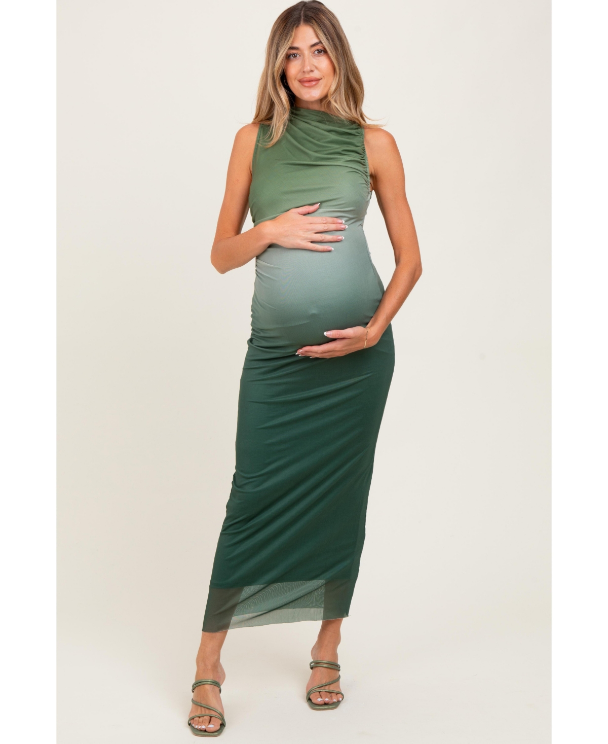 Pinkblush Maternity Forest Green Ombre Mesh Ruched Sleeveless Midi Dress