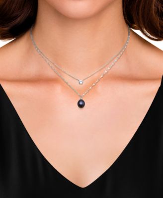 Cultured Freshwater Peacock Black Drop Pearl (8-9mm) and Lab Created Sapphire Necklace in Sterling Silver