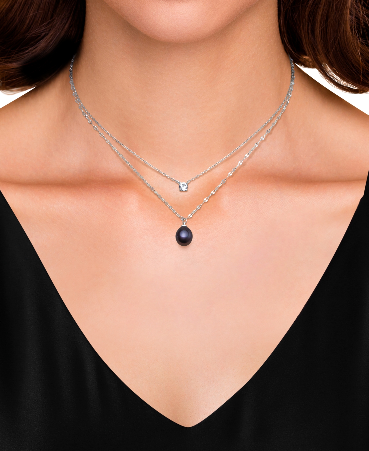 Belle De Mer Cultured Freshwater Peacock Black Drop Pearl (8-9mm) And Lab Created Sapphire Necklace In Sterling S In Black