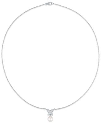Cultured Freshwater Pearl (7.5-8mm) and Cubic Zirconia Butterfly Necklace in Sterling Silver