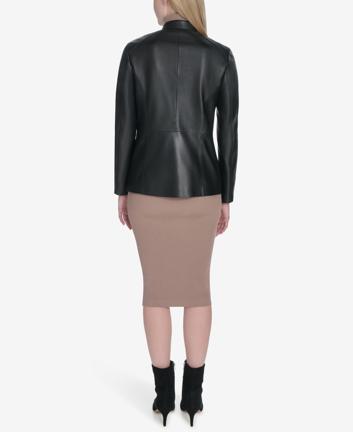 Cole Haan Women's Hand Stitched Detail Stand Collar Leather Jacket