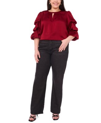 Plus Size Crewneck Keyhole Bubble Sleeve Blouse