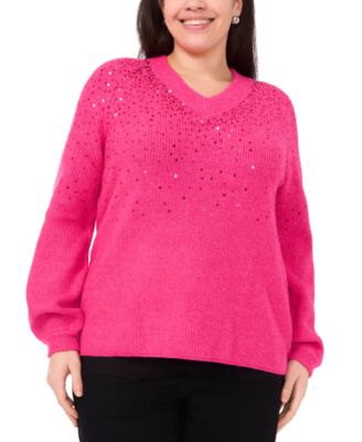 Plus Size Cozy V-Neck Sequined Raglan-Sleeve Sweater