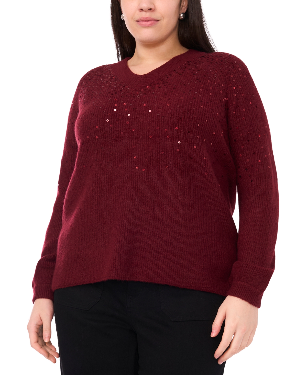 Vince Camuto Plus Sequin V-Neck Raglan Sweater