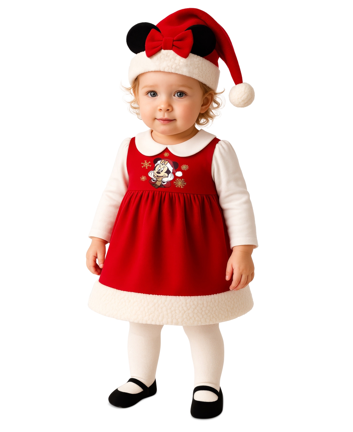 Disney Baby Girls 3-piece Minnie Mouse Holiday Dress, Tights And Hat Set In Red