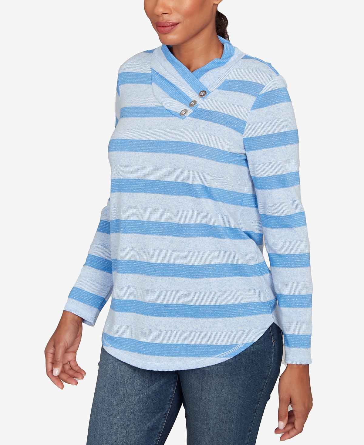 Ruby Rd. Petite Metallic Stripe Button Accent Knit Top In Multi