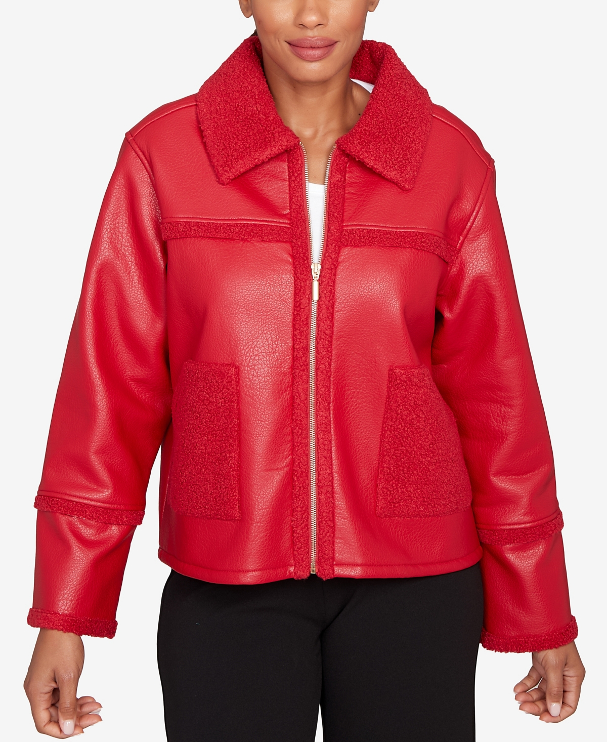 Ruby Rd. Petite Shearling Zip Front Jacket In Red