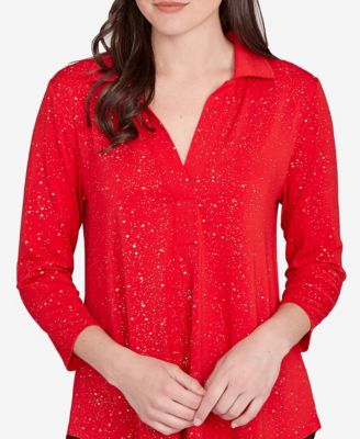 Petite Metallic Dew Drop Shirt Collar Top