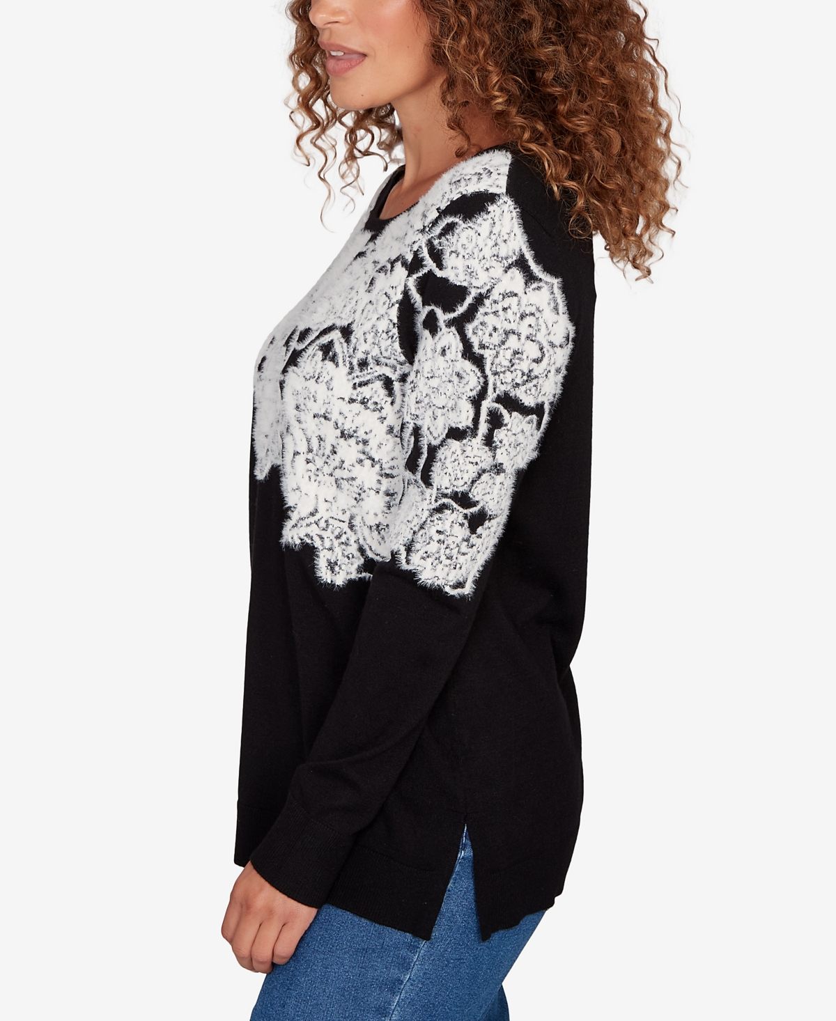 Ruby Rd. Petite Floral Placement Eyelash Sweater In Black