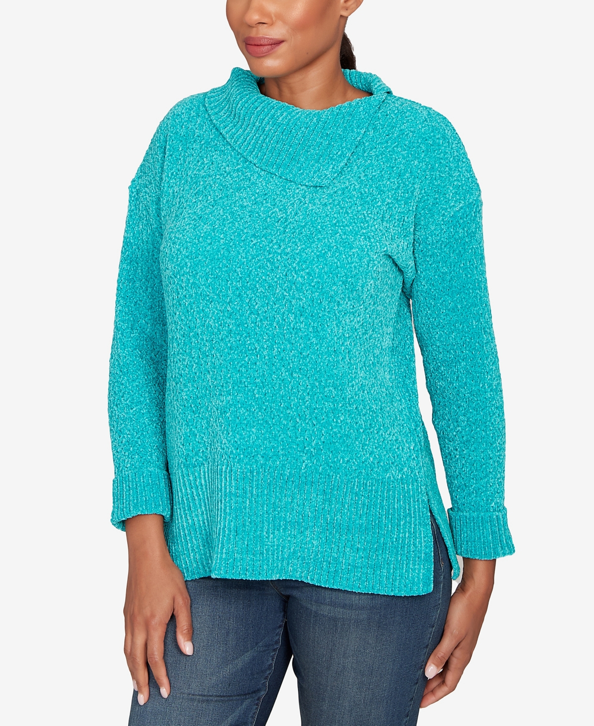 Ruby Rd. Petite Split Cowl Chenille Pullover Sweater In Blue