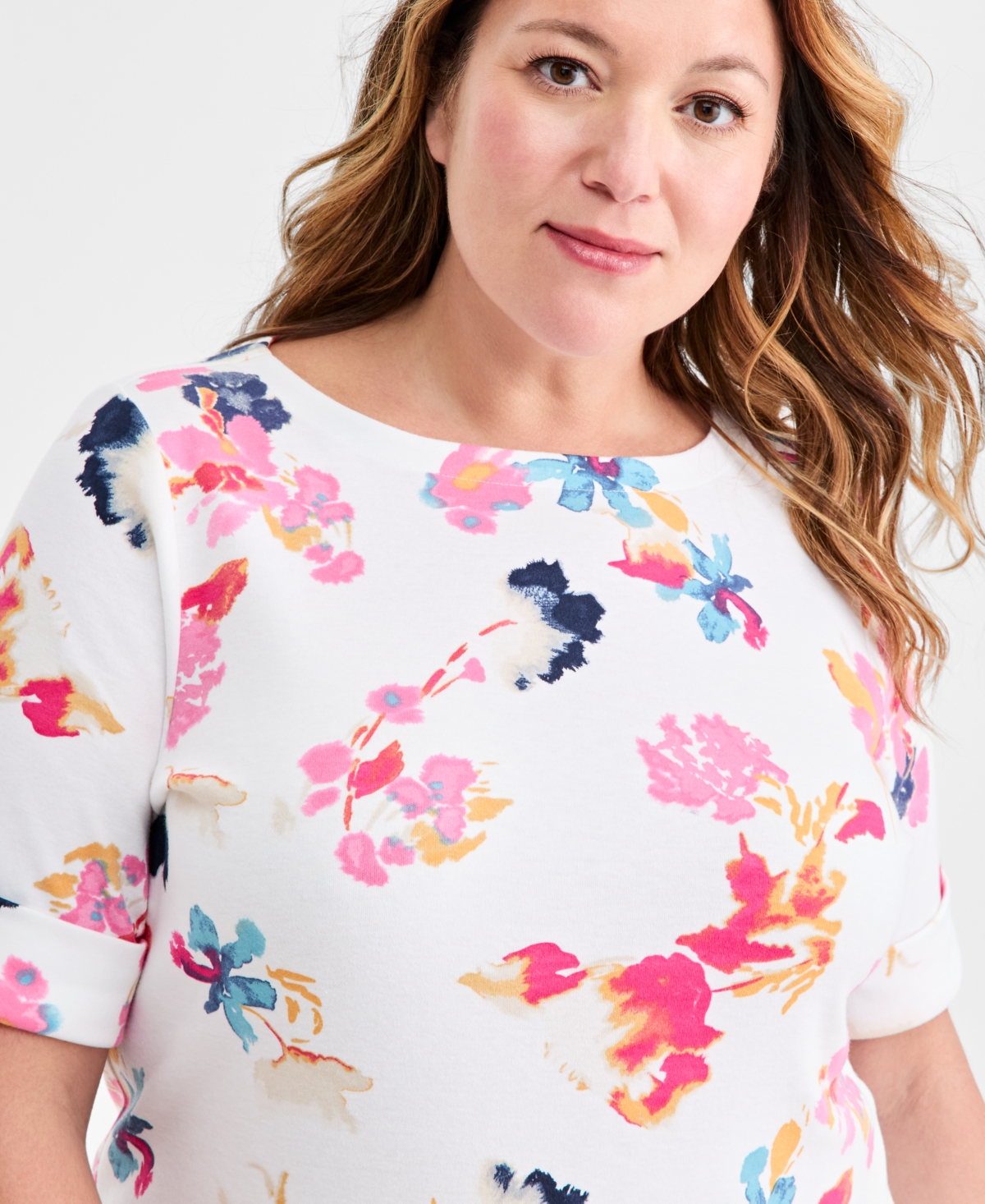 Style & Co Plus Boat-Neck Cuffed-Sleeve Top