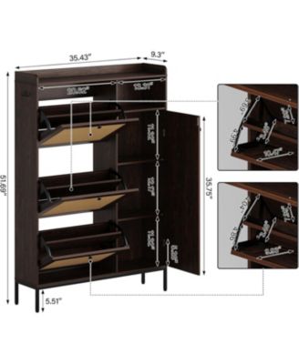 3 Tier Shoe Cabinet with Natural Rattan Flip Drawers for Entryway, Free Standing Shoe Storage Organizer with Adjustable Shelves,Dark Cherry