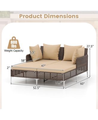 Outdoor Rattan Double Daybed Wicker Chaise Lounge for 2 w/ Seat & Back Cushions