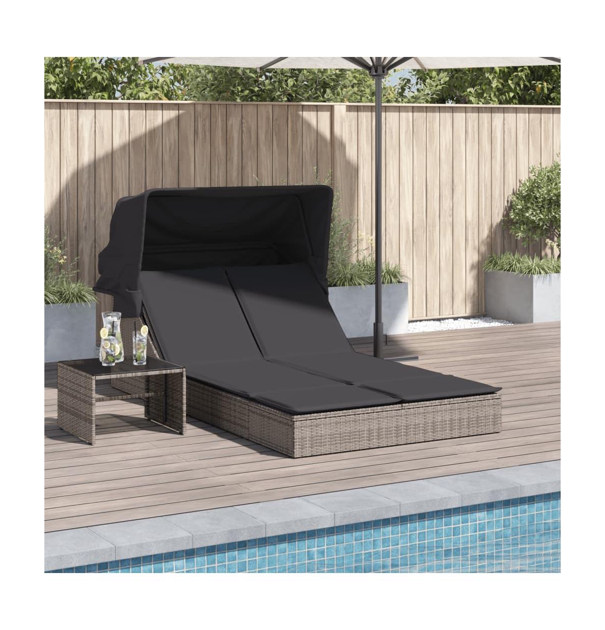 Double Sun Lounger Grey Pe Rattan, Powder-coated Steel Double