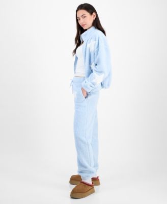 Madden Girl Juniors Star Sherpa Zip Up Sherpa Fleece Sweatpants In Blue