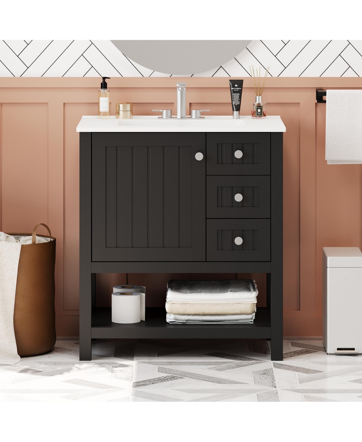 Lovmor 30inch Transitional Style Bathroom Vanity Cabinet Combo with Ceramic Sink Soft Close Door