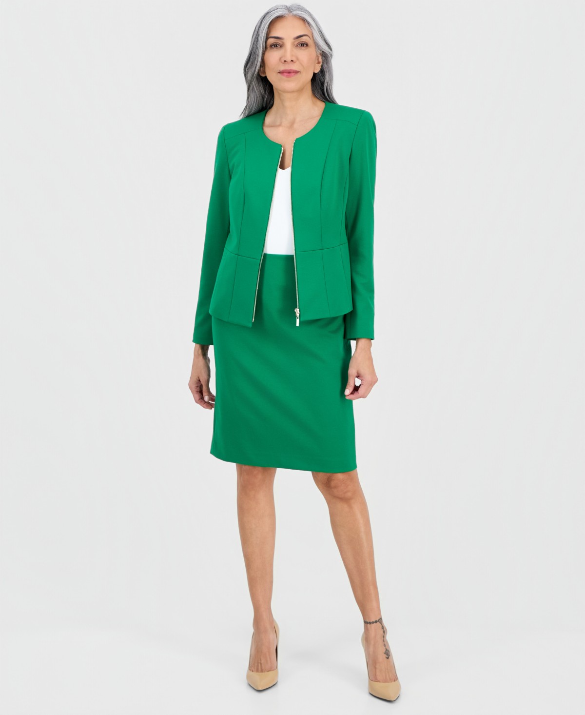 Женские Le Suit Women's Collarless Zip-Front Ponte 2 Piece Skirt Suit, Regular & Petites — фото 1