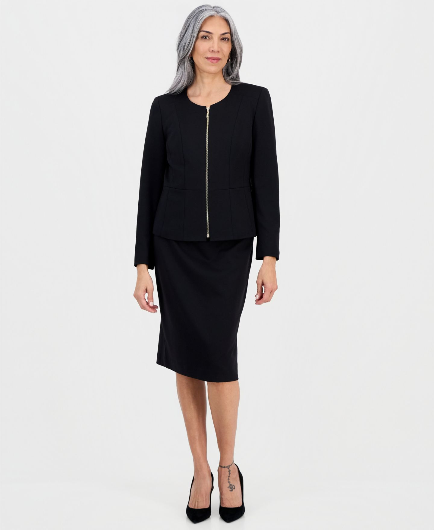 Женские юбки Le Suit Collarless Zip-Front Ponte 2 Piece Skirt Suit, цвет: Чёрный — фото 3
