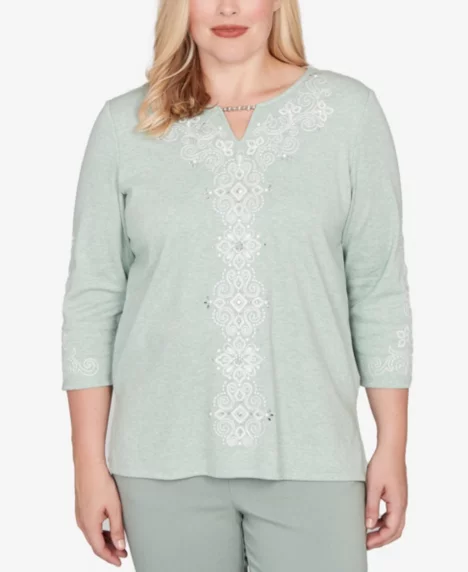 Petite Stockbridge Classic Fit Soft Embroidered Pattern Top - Sage