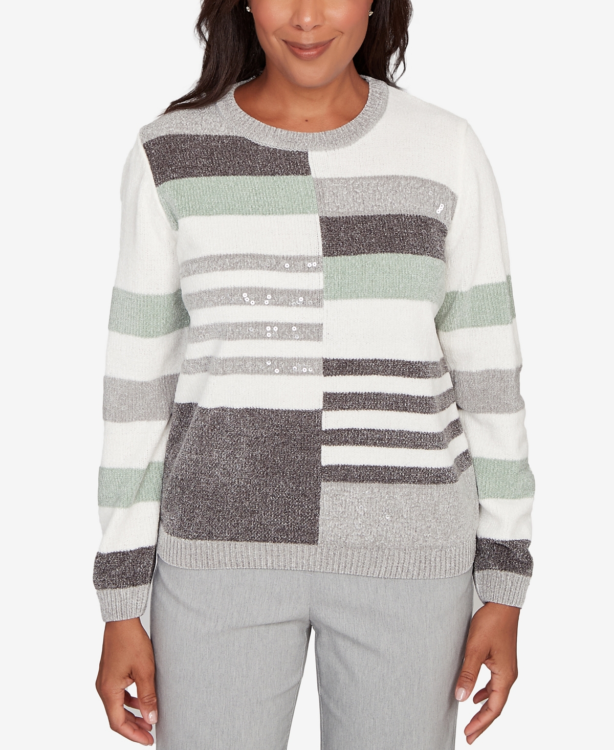 Alfred Dunner Petite Stockbridge Stripe Sequin Colorblock Chenille Sweater In Multi