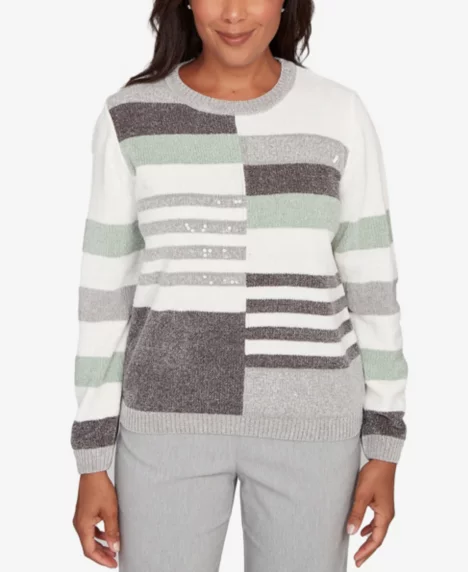 Petite Stockbridge Stripe Sequin Colorblock Chenille Sweater - Pewter multi