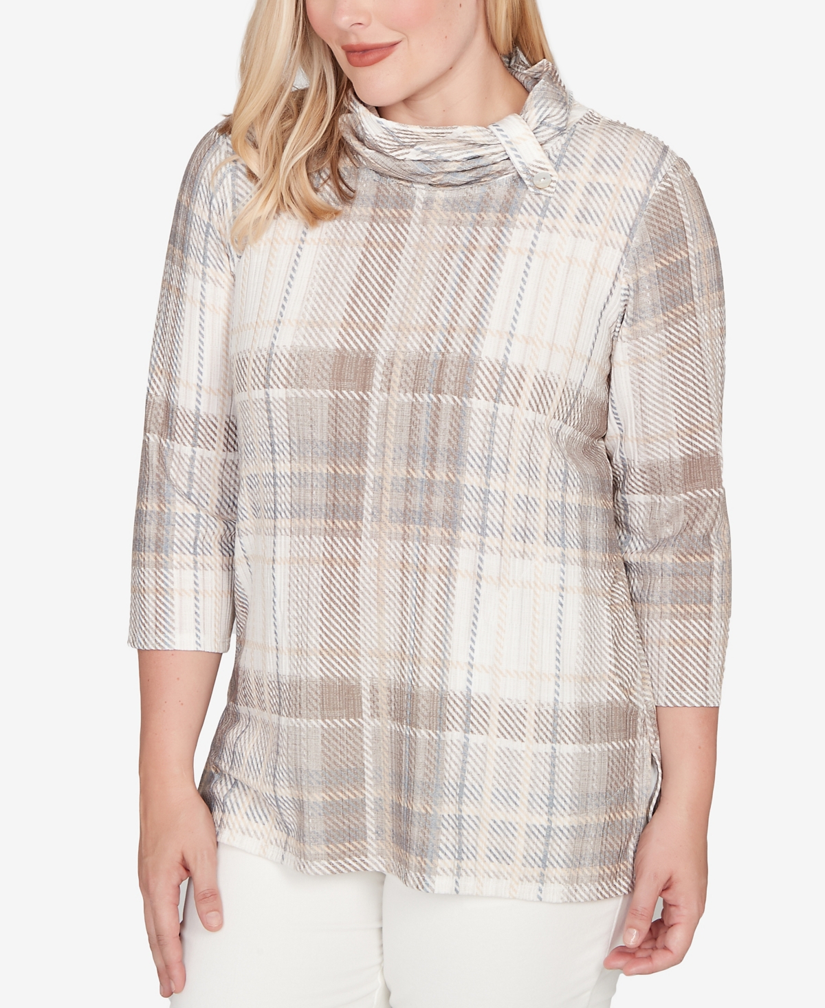 Alfred Dunner Petite Vienna Draped Cowl Neckline Plaid Knit Top In Multi