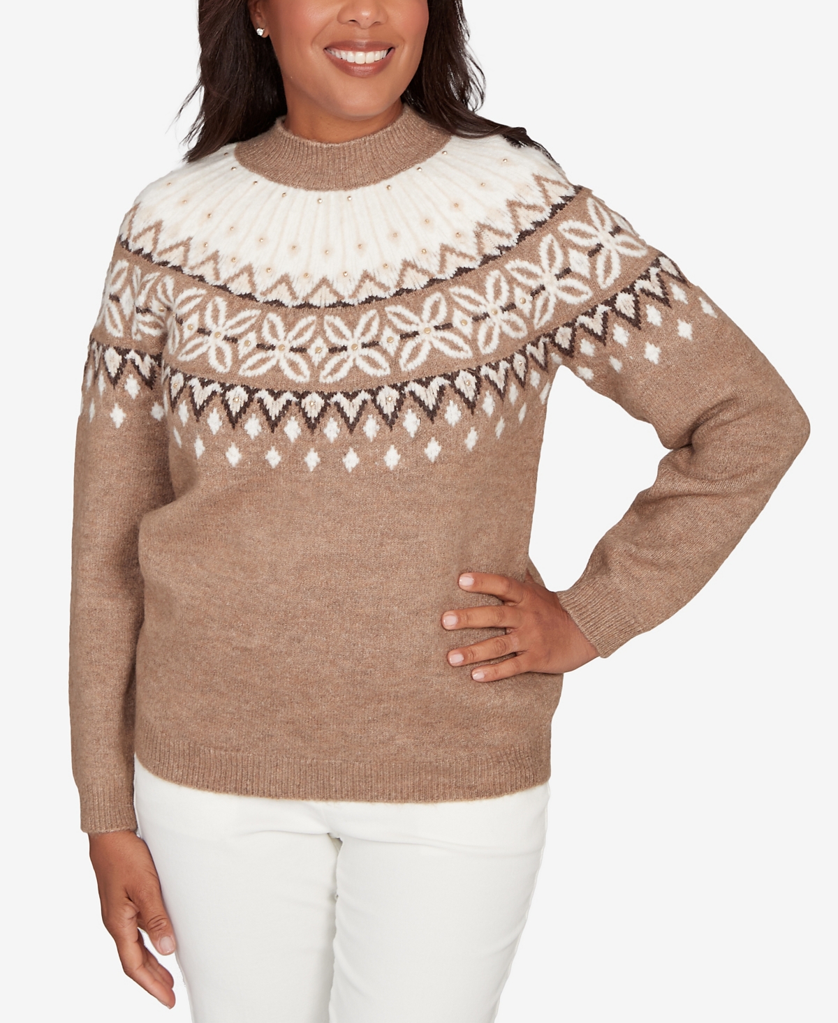 Alfred Dunner Petite Vienna Fair Isle Gold Studded Sweater In Brown