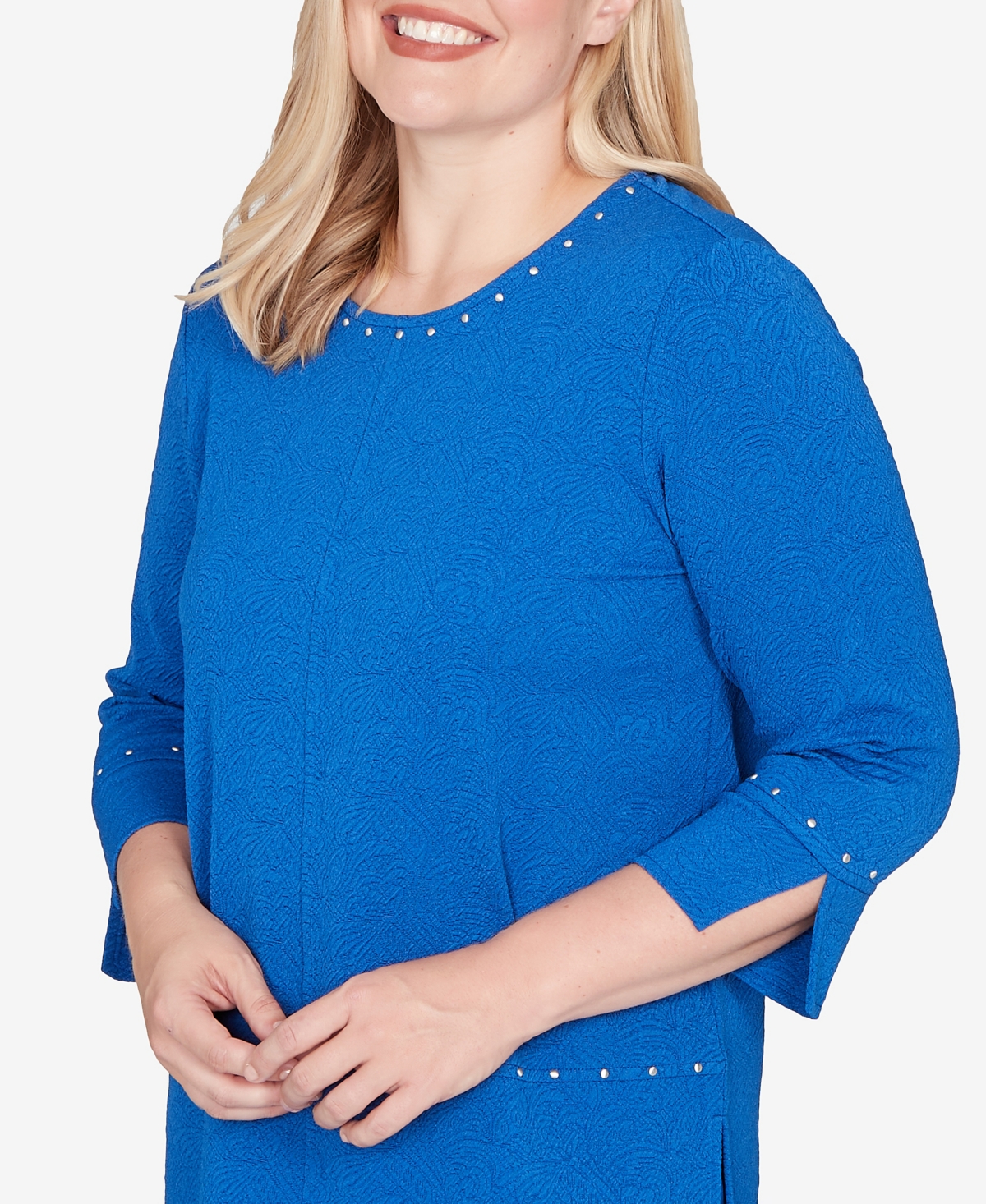 Alfred Dunner Petite Barcelona Solid Floral Jacquard Knit Top In Blue