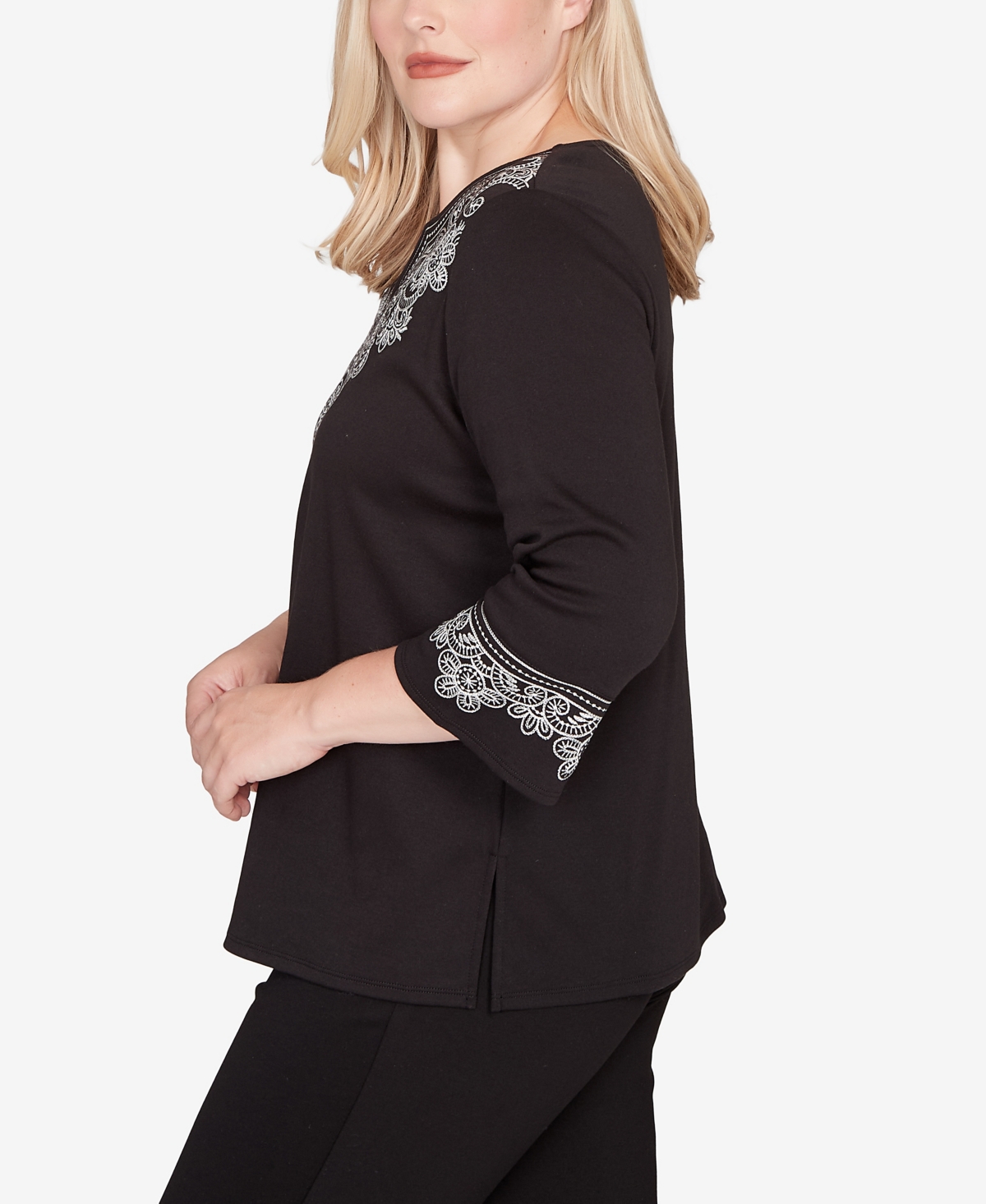 Alfred Dunner Petite Barcelona Embroidered Scroll Accent Soft Knit Top In Black
