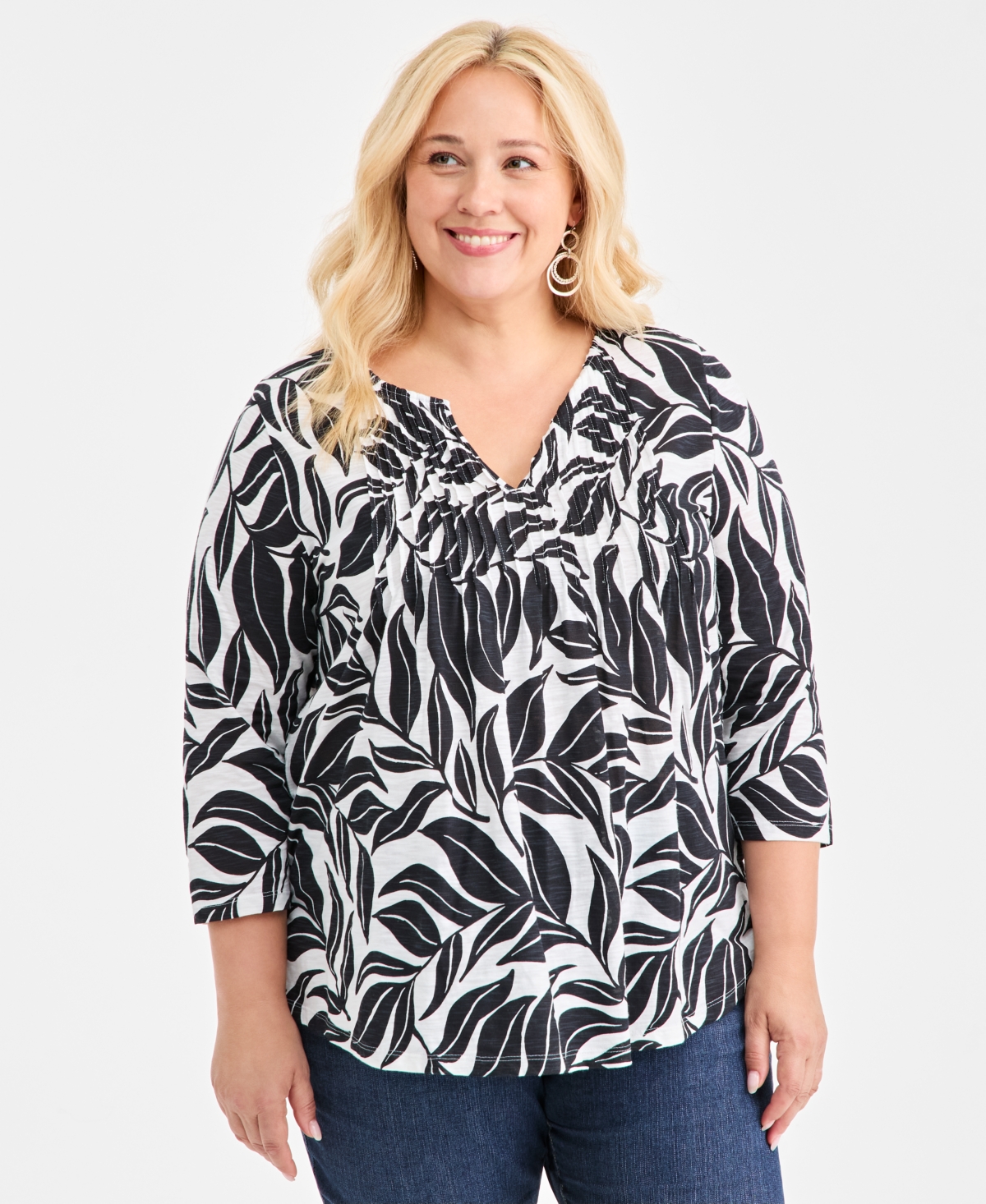 Style & Co Plus Size Pintuck Split-neck Top, Macy's Exclusive In Black