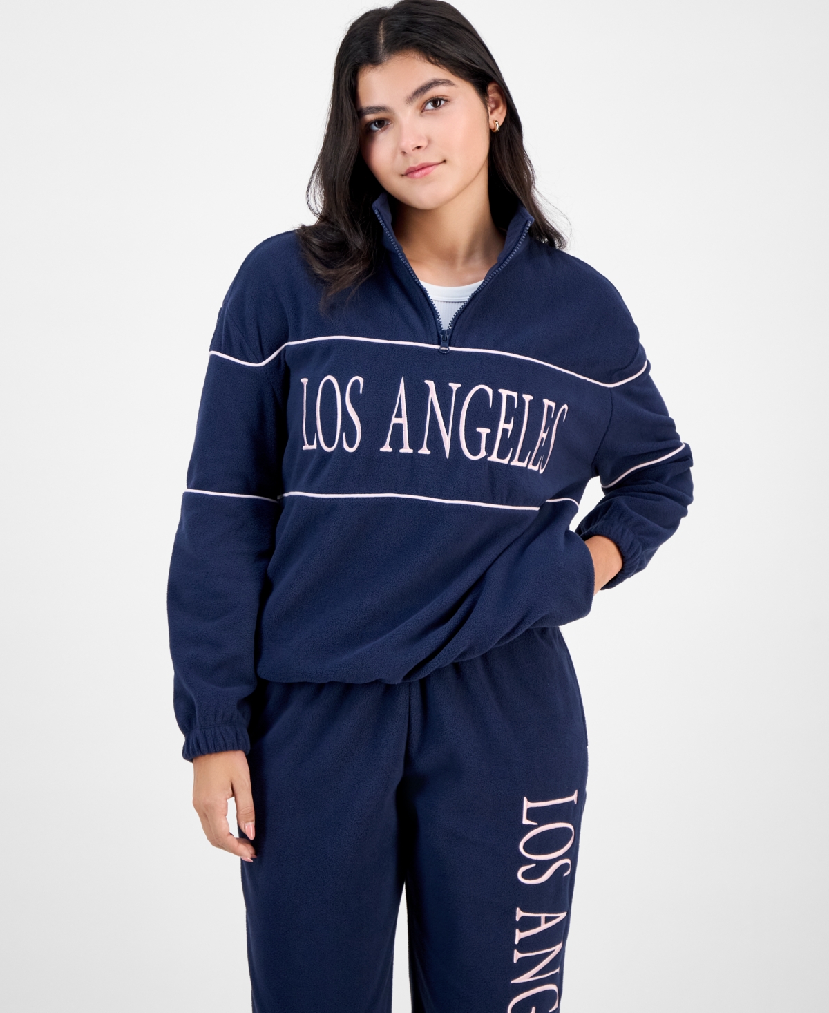 Rebellious One Juniors' Los Angeles Quarter-zip Fleece Top In Blue