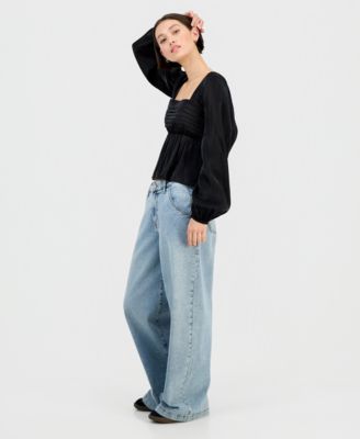 Juniors' Embellished Mid-Rise Wide-Leg Jeans 