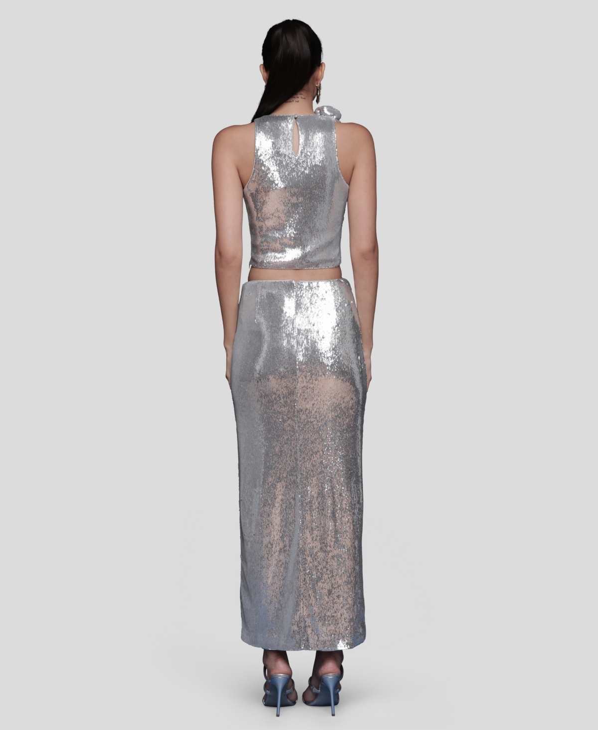 Avec Les Filles Sequin Crop Top In Silver