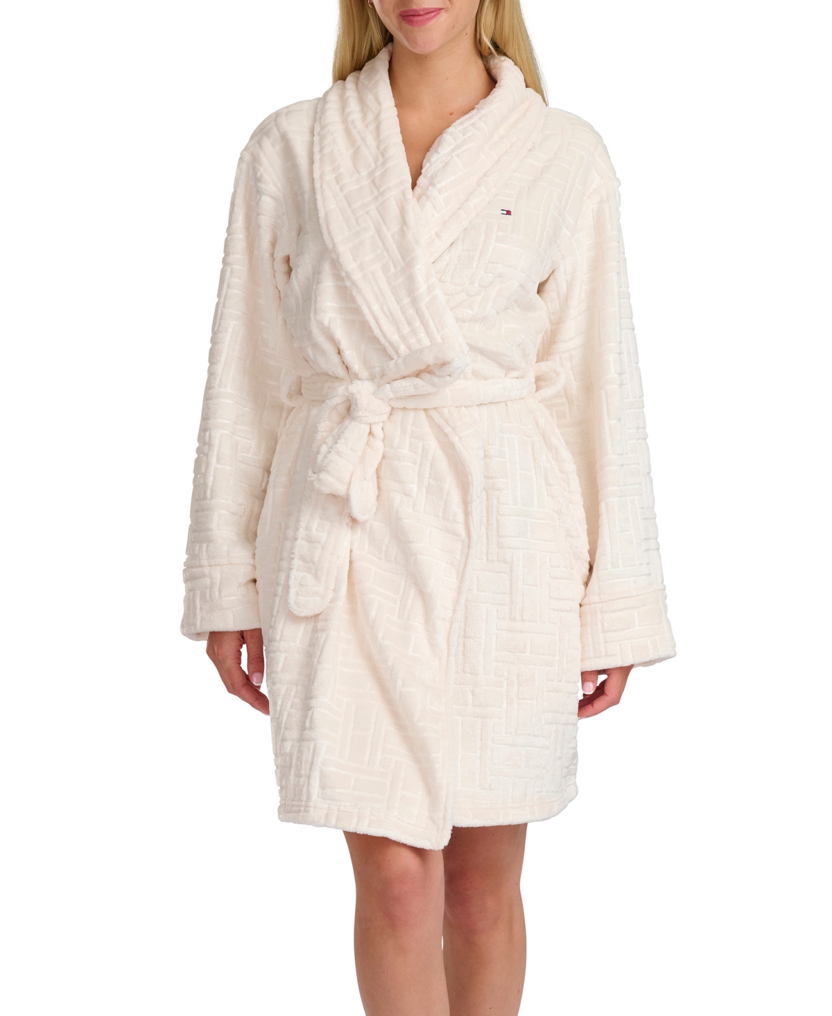 Tommy Hilfiger Women's Debossed Long Sleeves Plush Short Robe In Neutral