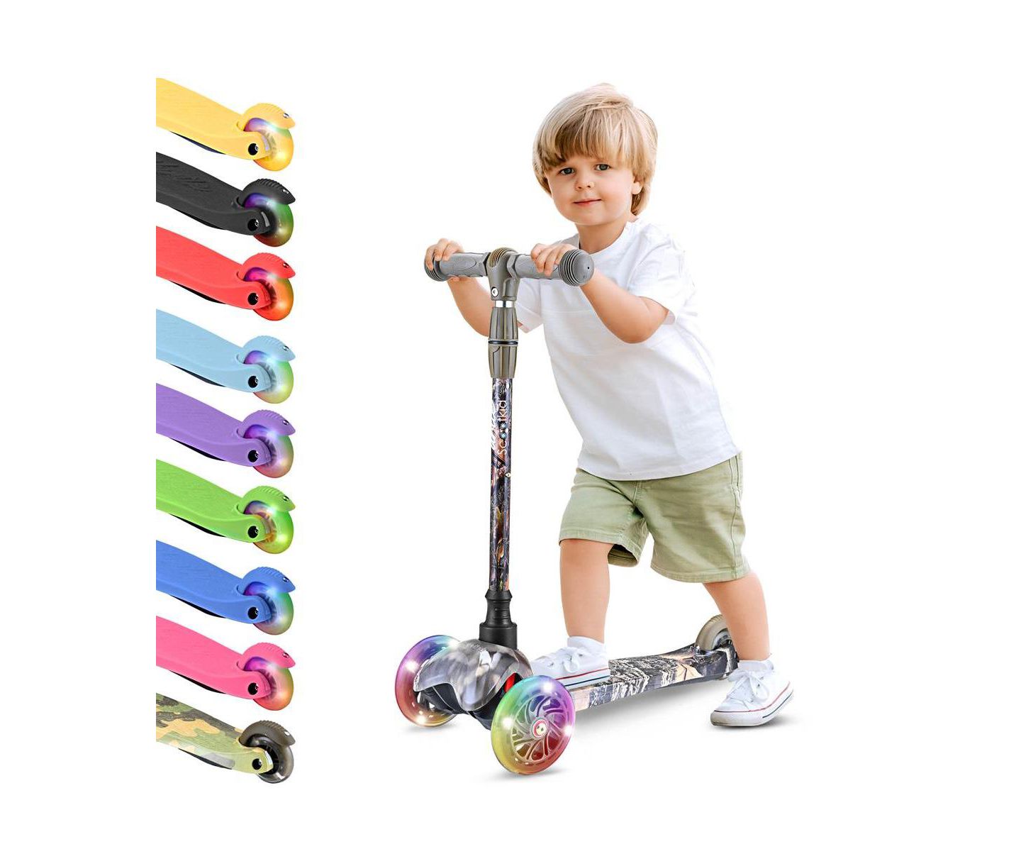 Детская игрушка Hurtle Real Tree 3-Wheel LED Light Mini Kickboard Scooter with Adjustable Handlebar, 44 lb. Capacity, Ages 3+, цвет: Бежевый / Хаки — фото 1