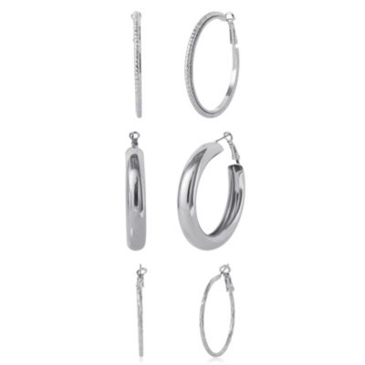 3-Piece Textured Silver-Tone Hoop Earring Set