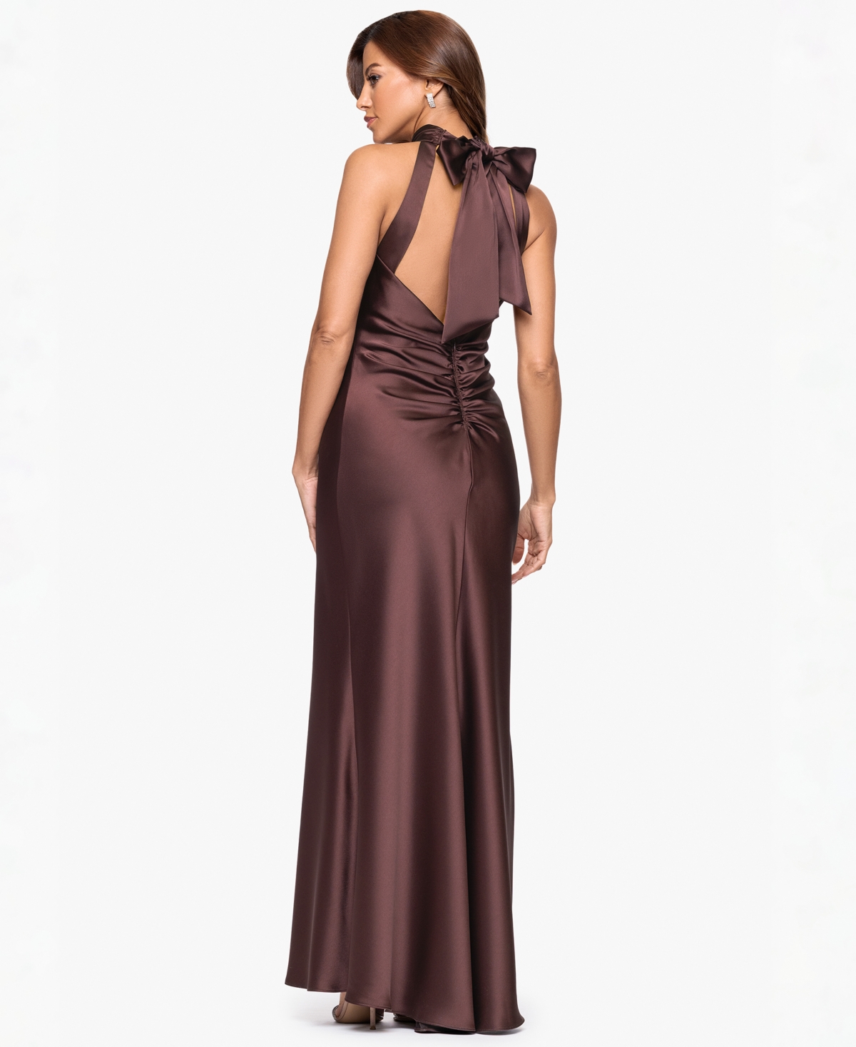 Xscape Women's Tie Neck Long Dress In Brown