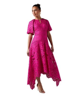 Women's Lace Hanky Hem Puff Sleeve Dress