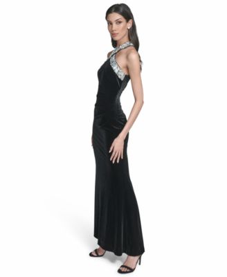Women's Velvet Embellished Halter Neck Gown